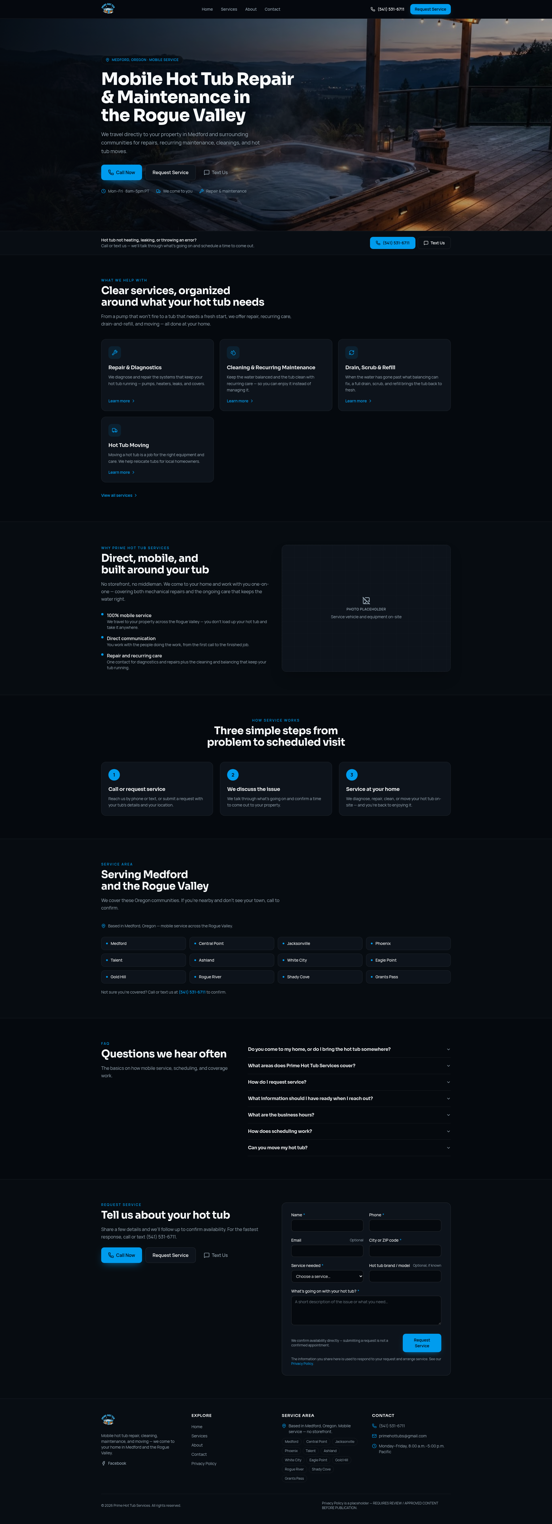 Screenshot of Prime Hot Tub Services website demonstration