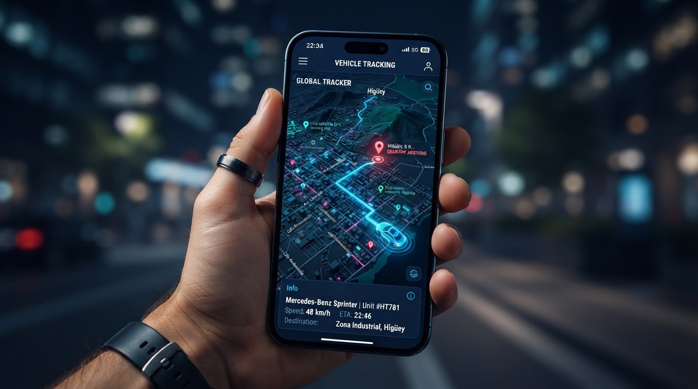 App de JC GPS mostrando vehículo en mapa en tiempo real