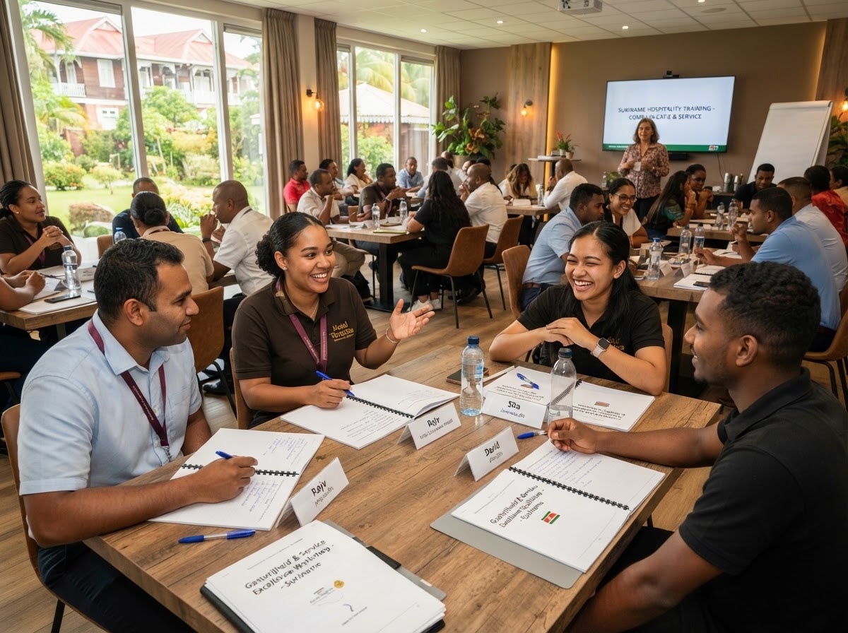 Deelnemers van de Customer Service Training tijdens een interactieve sessie in Suriname