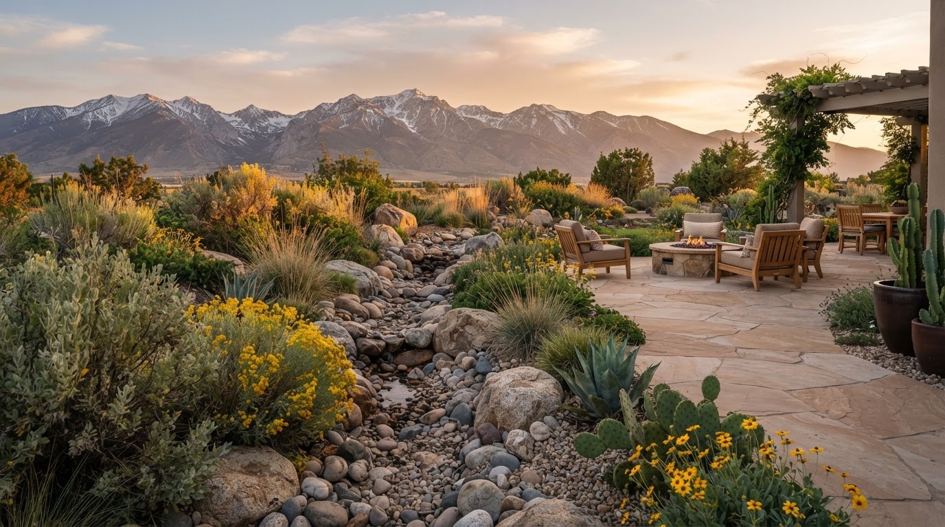 Northern Nevada high-desert xeriscape with flagstone patio, drought-tolerant plantings and Sierra Nevada mountains at golden hour