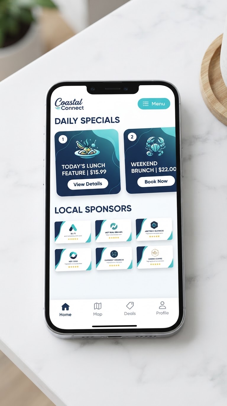 A mobile phone showing the Go Local 904 digital experience with specials and sponsor cards
