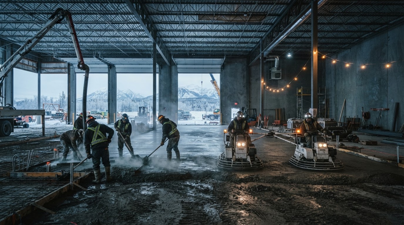 Winter concrete construction crew pouring a warehouse floor in Alberta