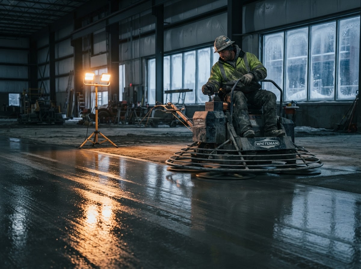 Power-troweled concrete floor being finished inside a warehouse