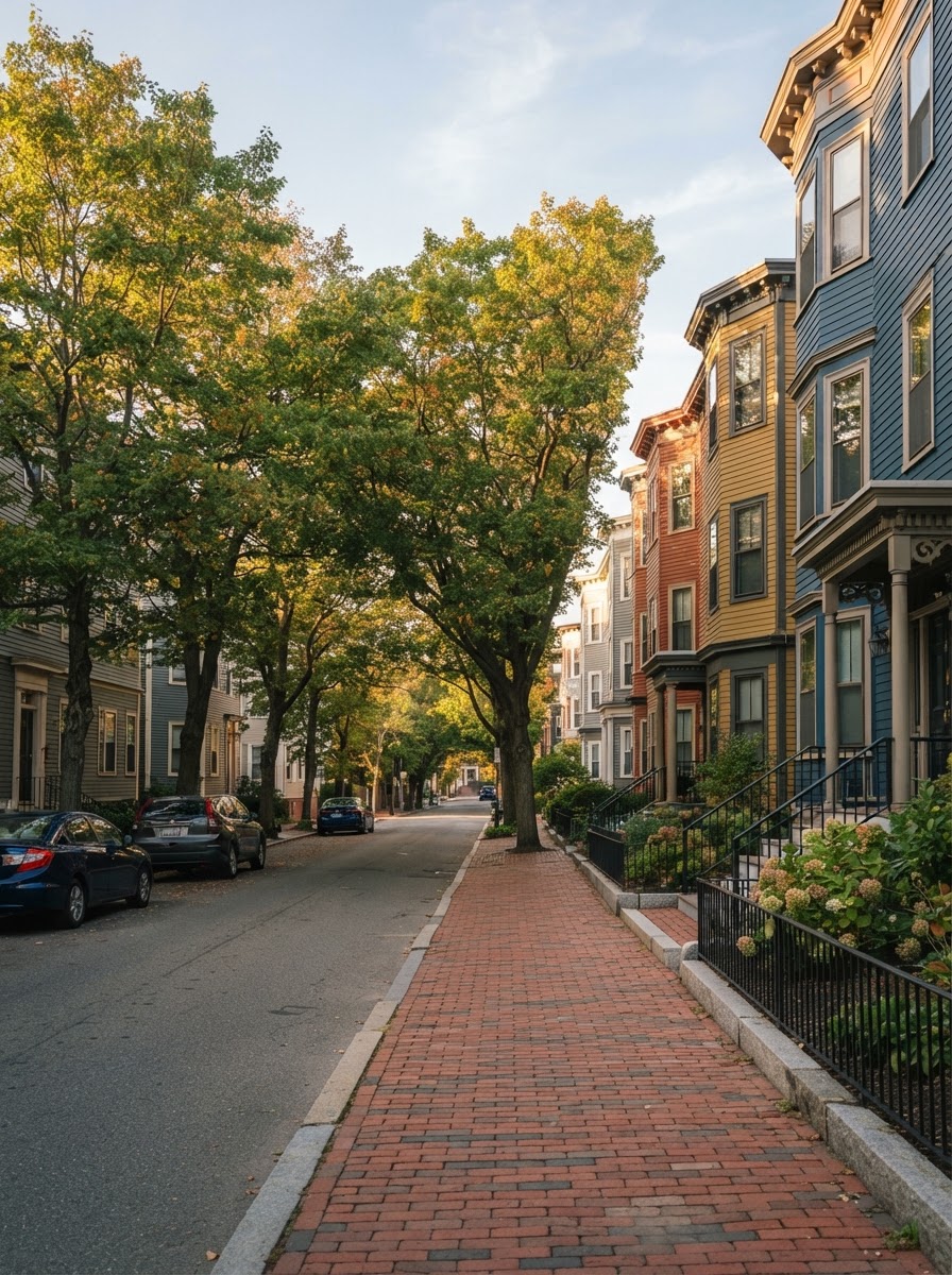 A quiet Boston street lined with triple-decker homes in soft afternoon light