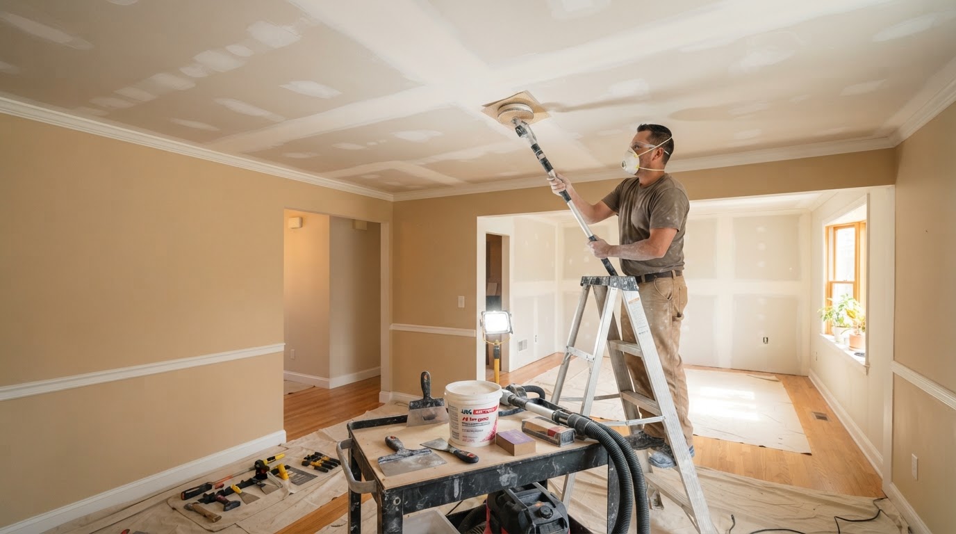 Drywall repair and ceiling crack patching blended smooth and ready for paint