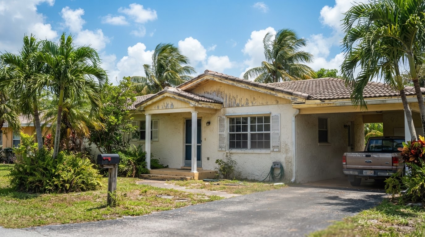 Painted Florida home exterior showing sun exposure and weathered stucco in Tampa Bay