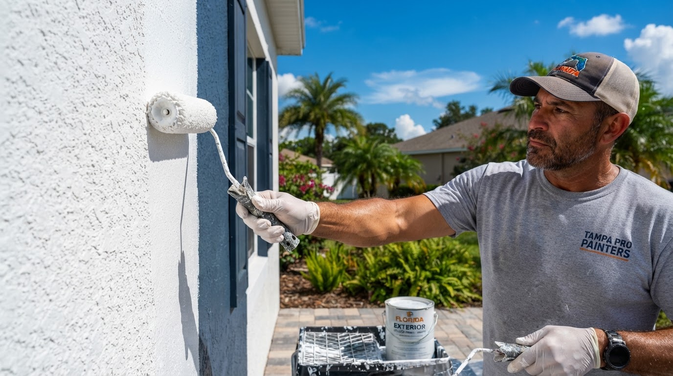 Freshly painted Tampa Bay home exterior with clean stucco and trim in bright daylight