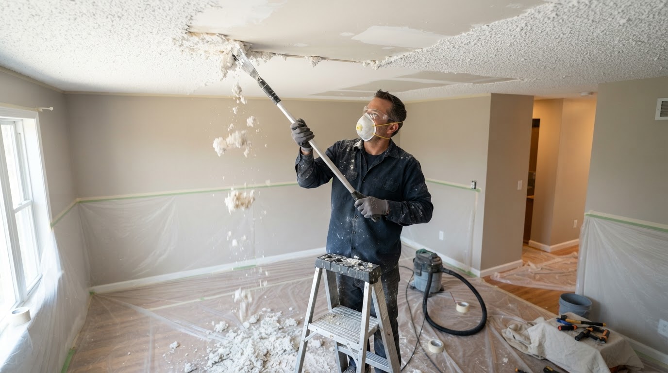 Popcorn ceiling removal revealing a smooth finished ceiling surface ready for paint