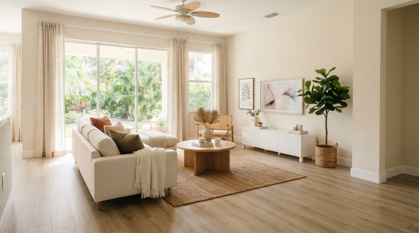 Bright living room with newly installed laminate flooring and fresh neutral wall paint
