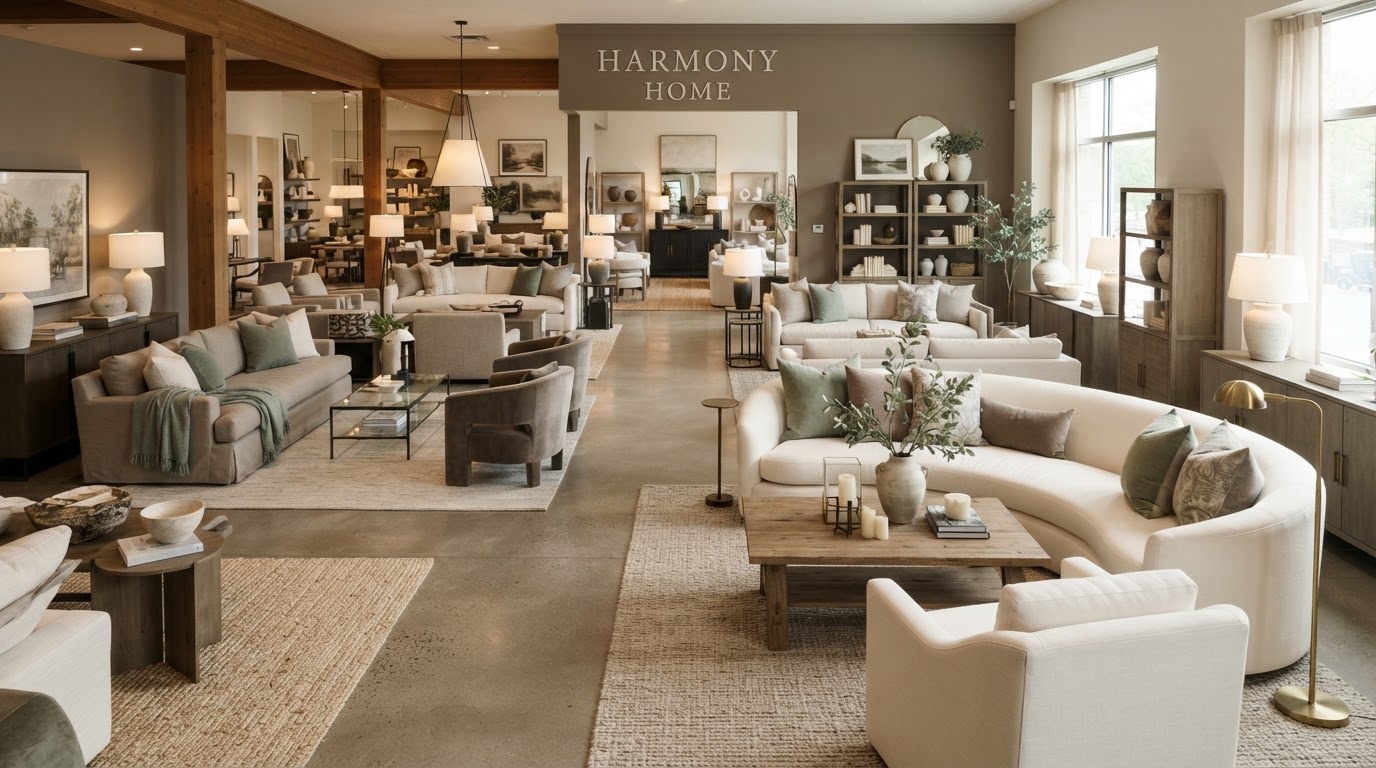 An elegant furniture inventory showroom with neatly arranged sofas and decor