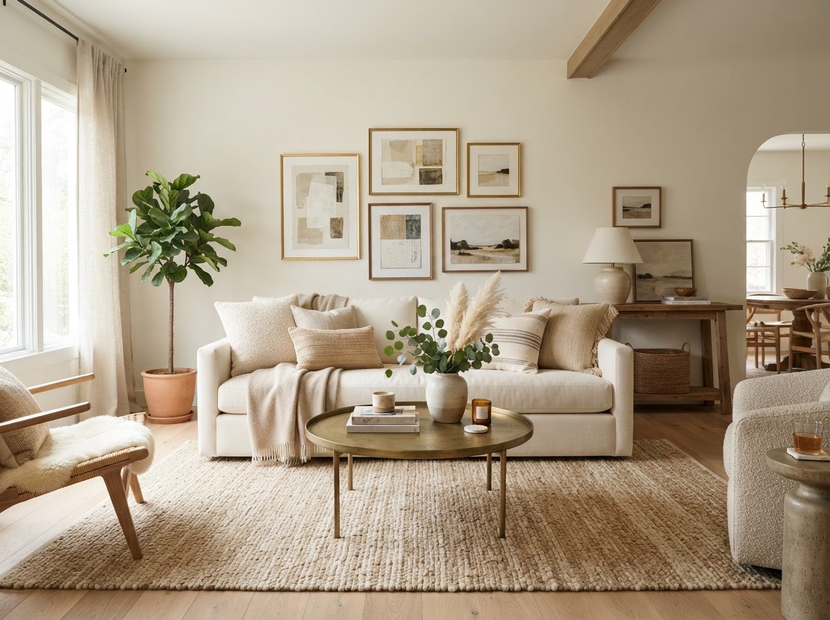 Staged living room with cream sofa and brass accents