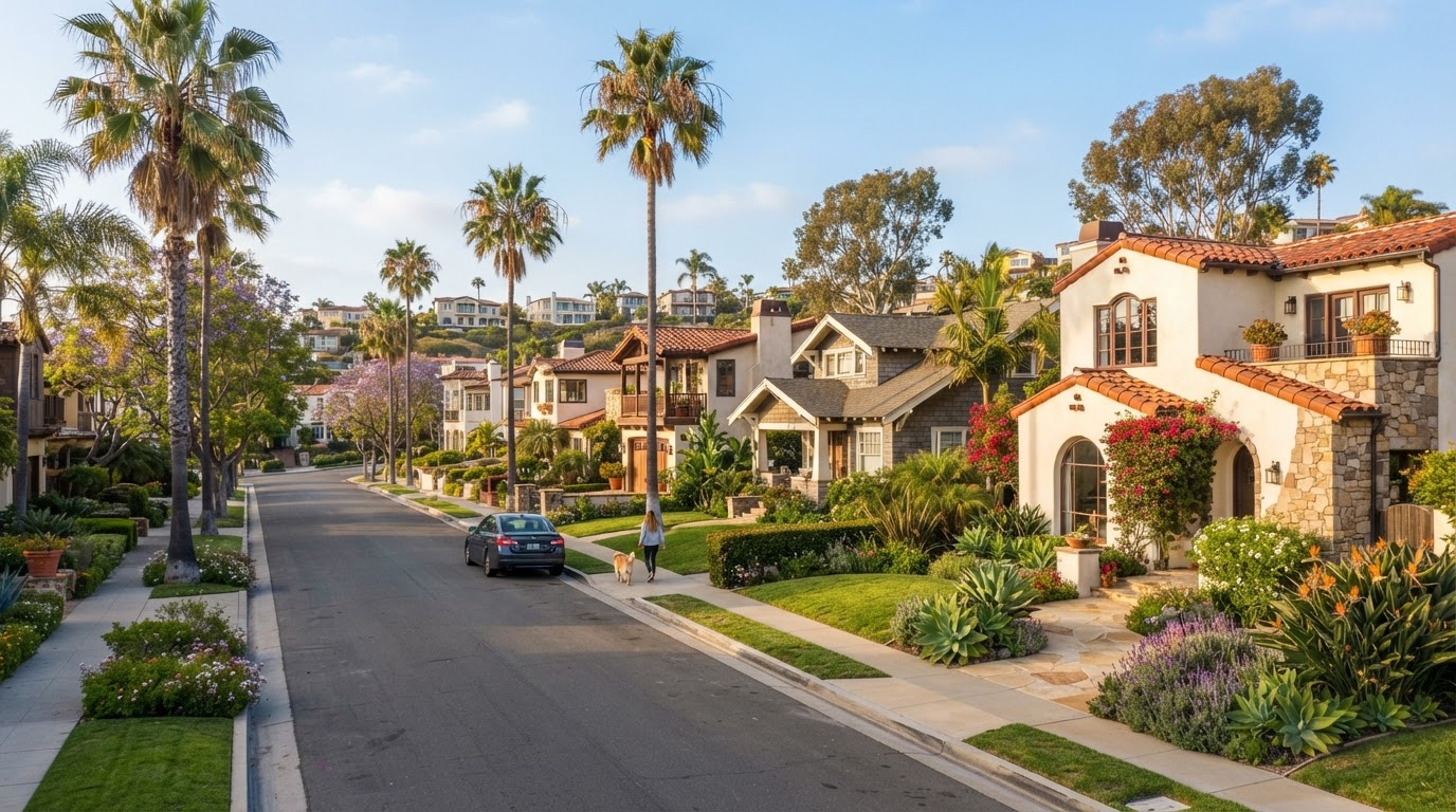 A sunny San Diego neighborhood with attractive residential homes