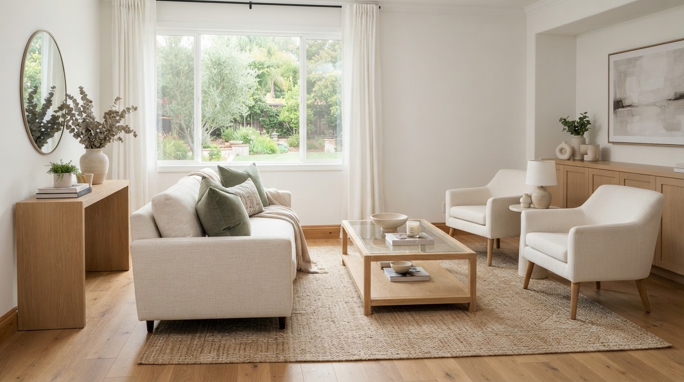 A clean staged living room in a National City home