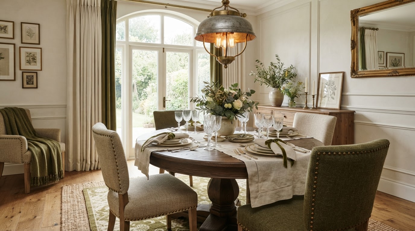 Elegant staged dining room with set table