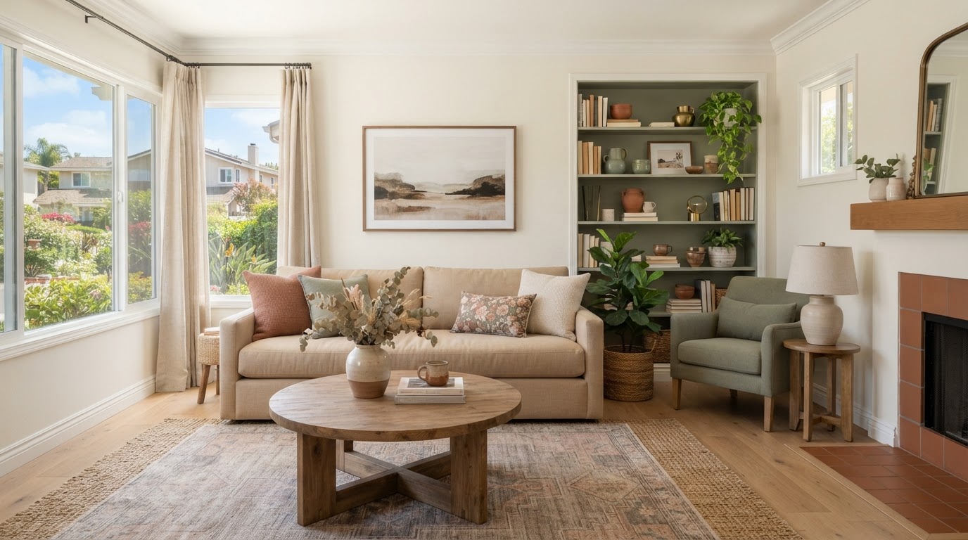A cozy staged living room in a La Mesa home