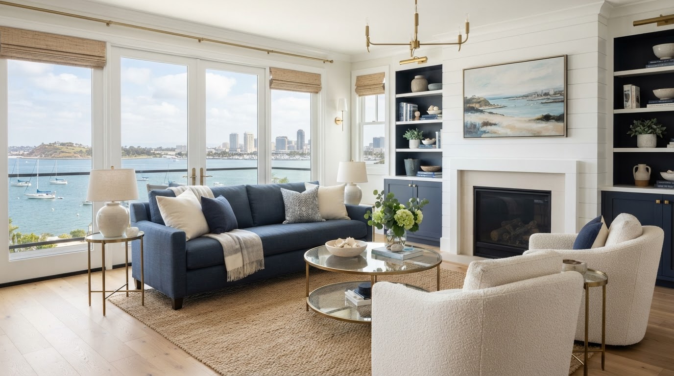 A refined staged living room in a Point Loma home