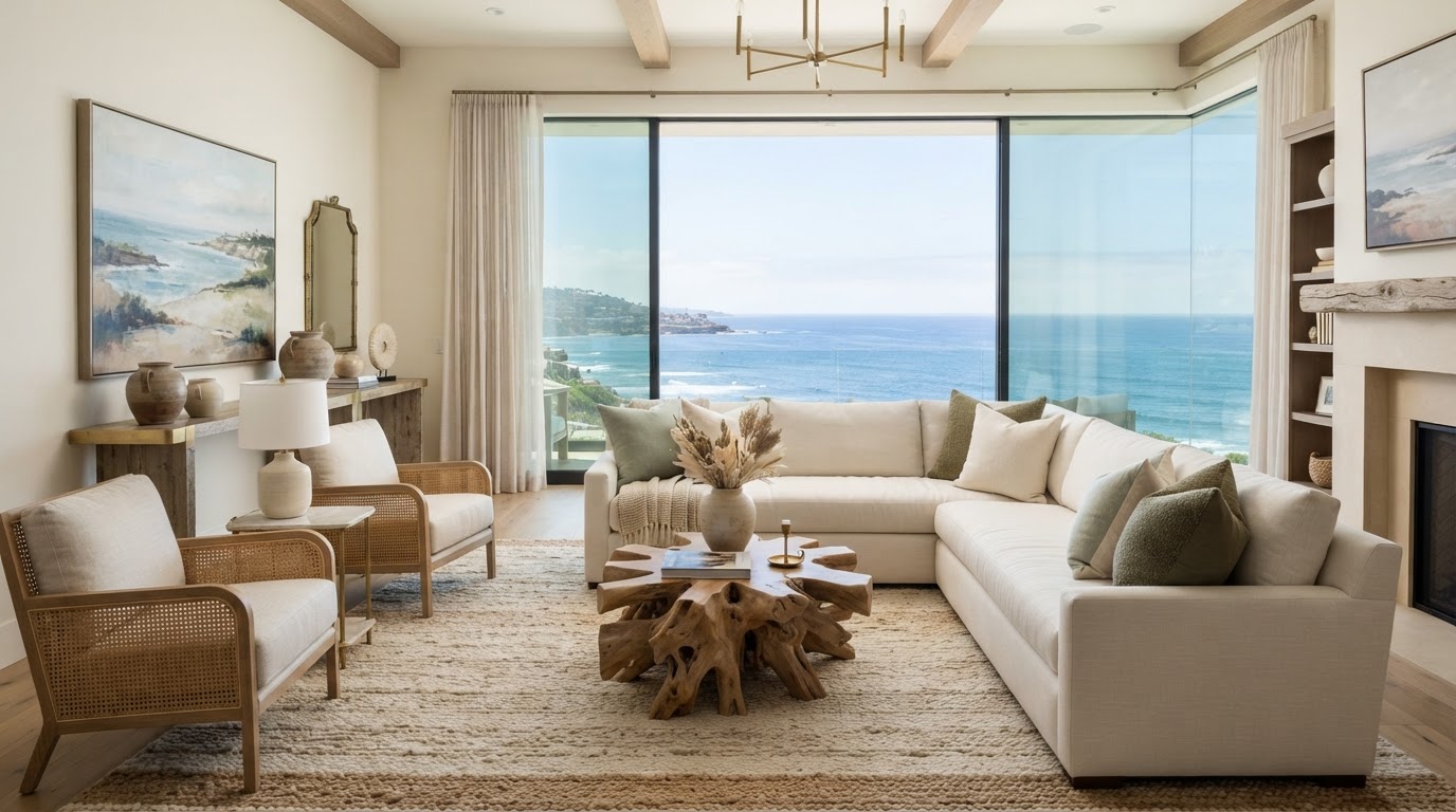 A light-filled staged living room in a La Jolla home
