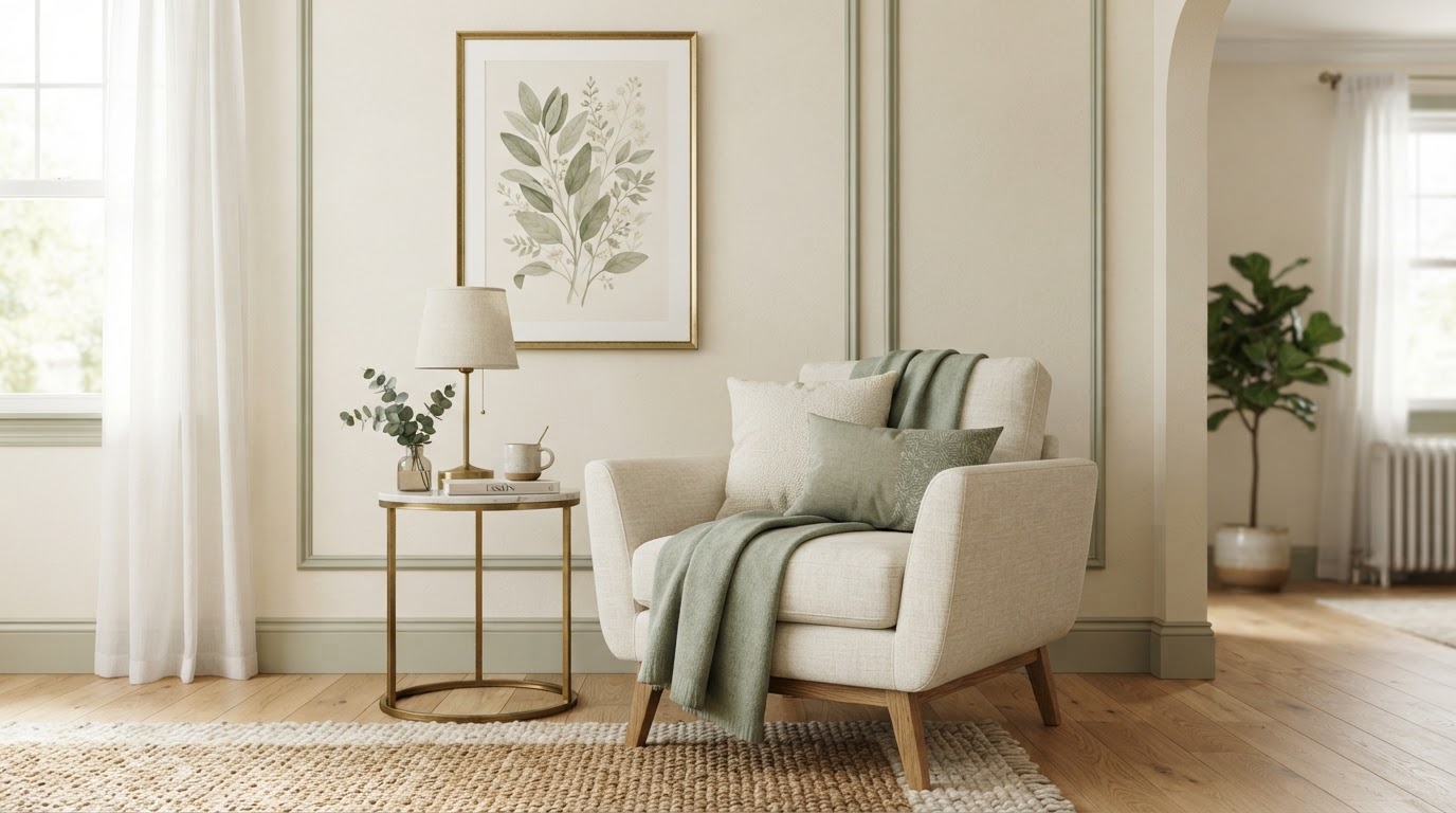 A single styled room vignette with a chair, art, and accessories