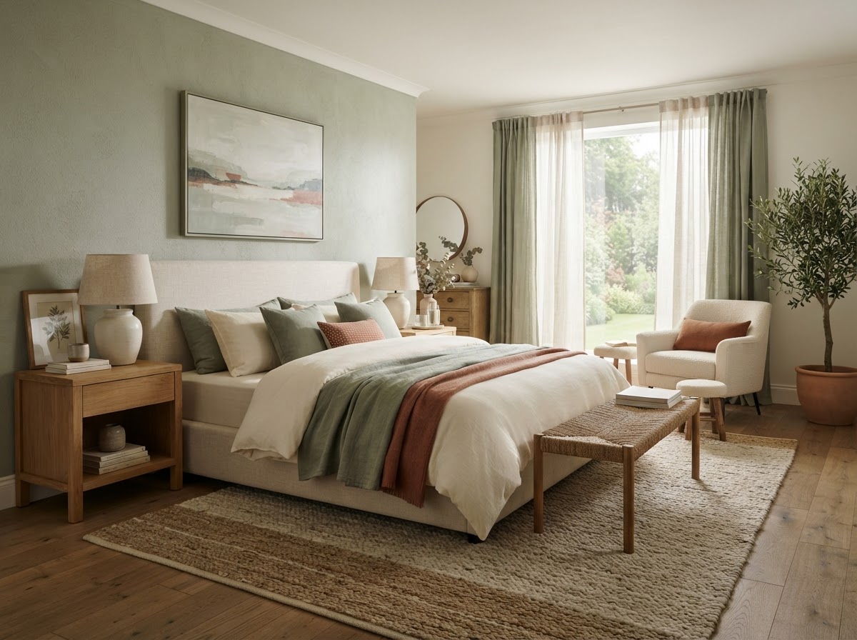 Serene staged primary bedroom in neutral tones
