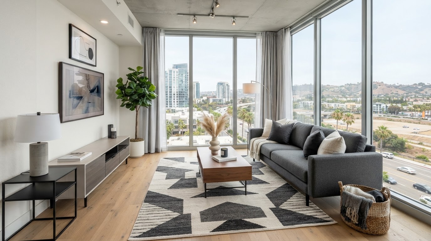 A modern staged condo living room in a Mission Valley home