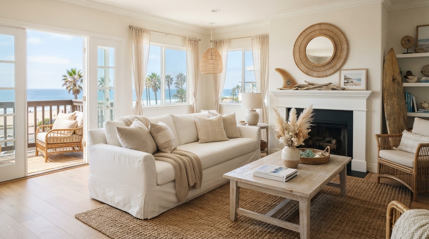 A relaxed beachside staged living room in a Pacific Beach home