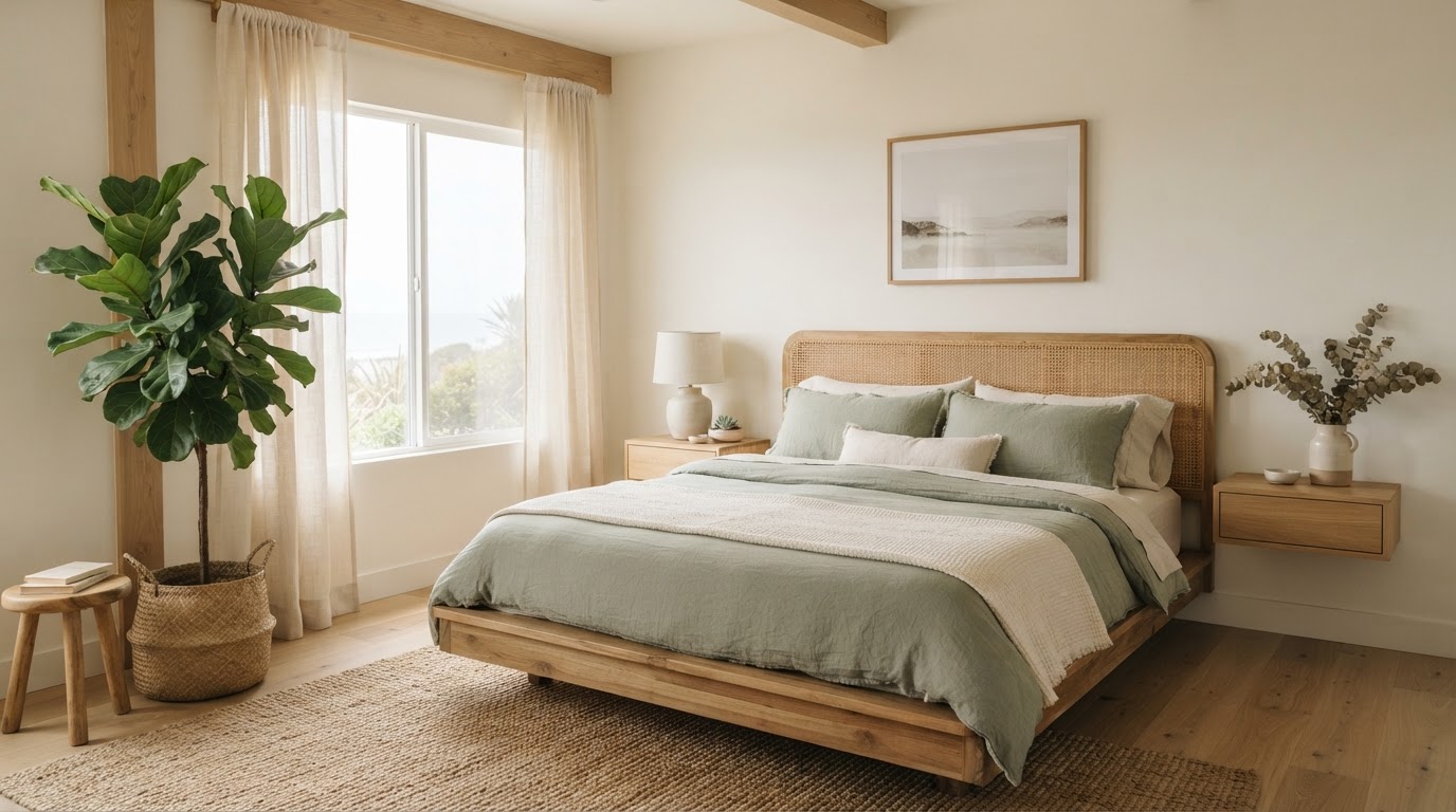 A modern organic staged bedroom in an Encinitas coastal home