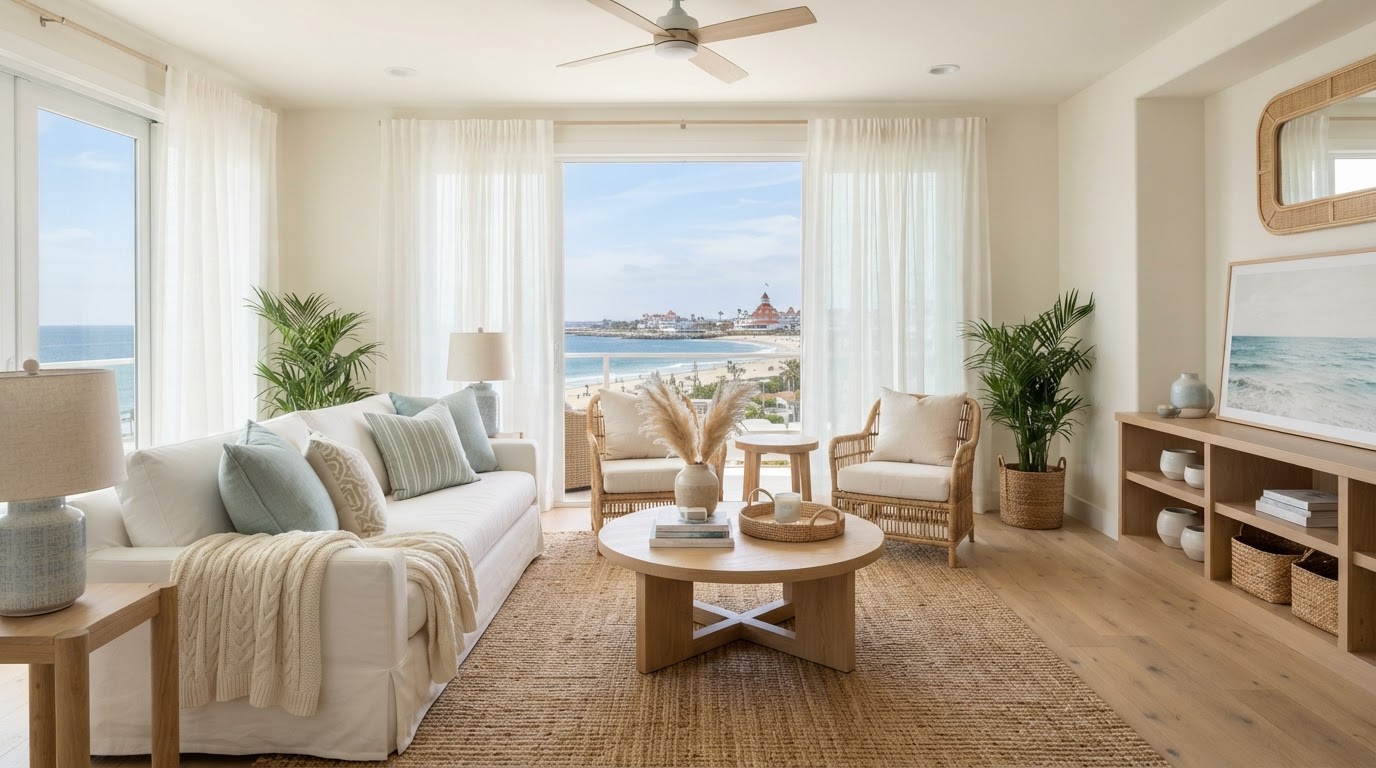 A bright beachside staged living room in a Coronado home