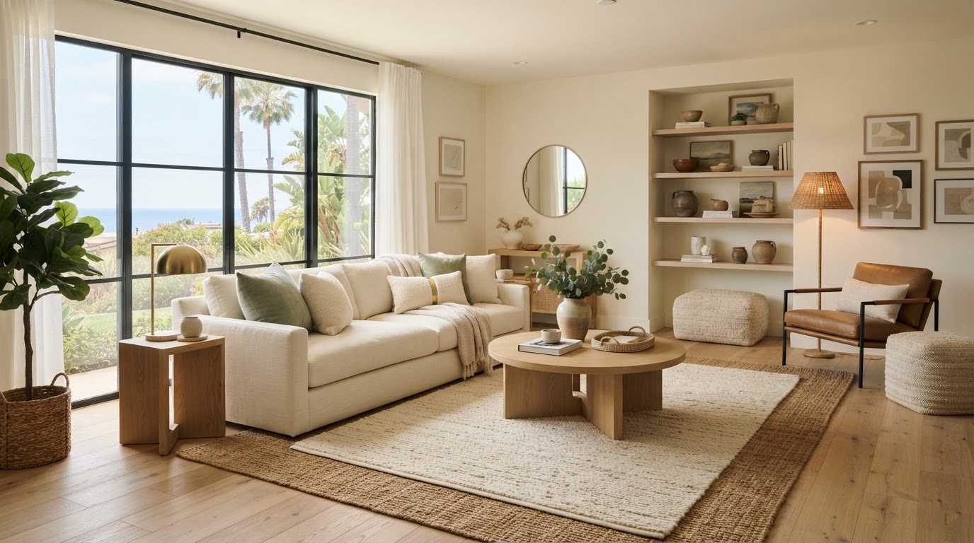 A beautifully staged bright contemporary living room in San Diego with natural light