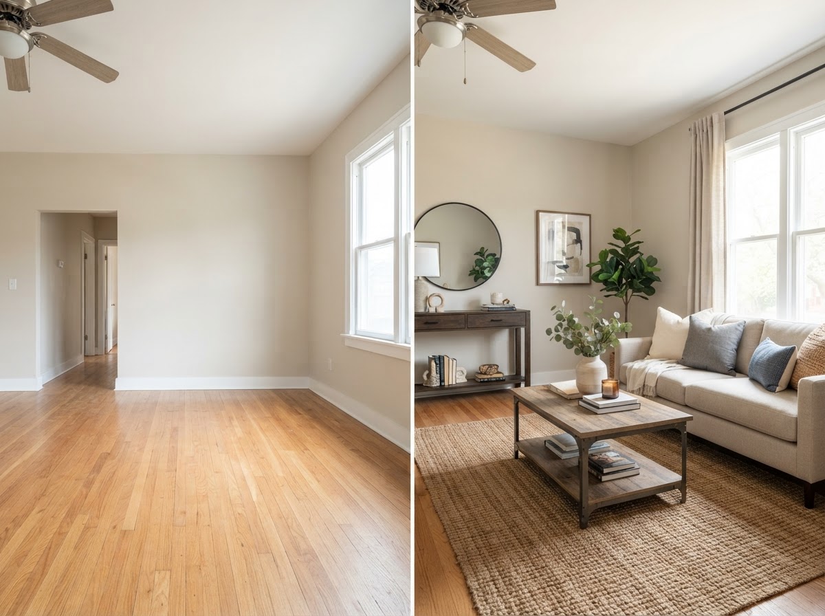 Vacant property transformed with staging furniture