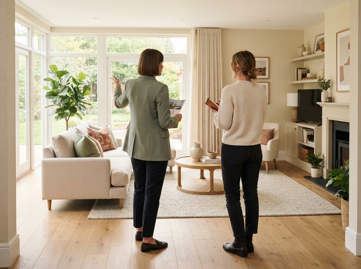 A real estate agent reviewing a staged living room with a client