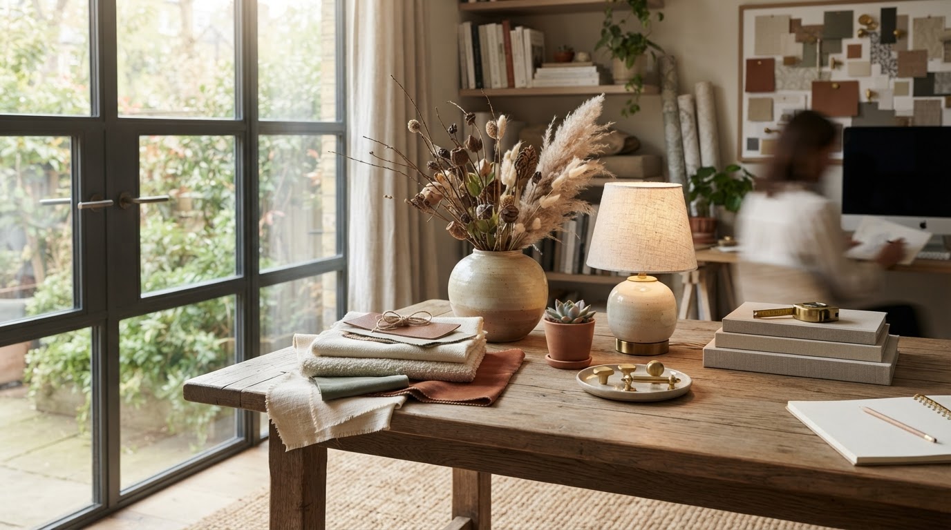 A warm interior design scene with fabric swatches and styled furniture