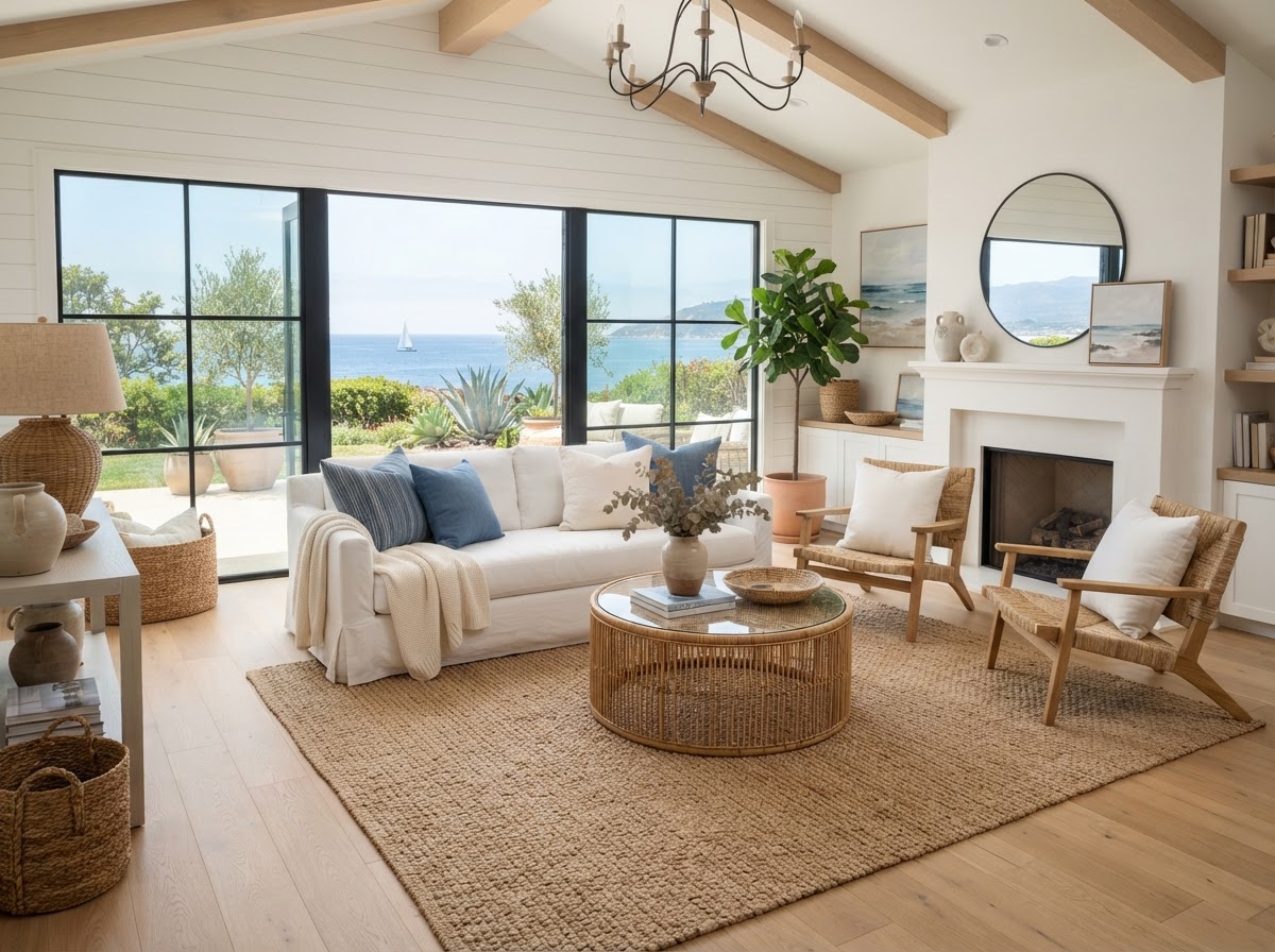 A contemporary coastal-style staged living room with balanced styling