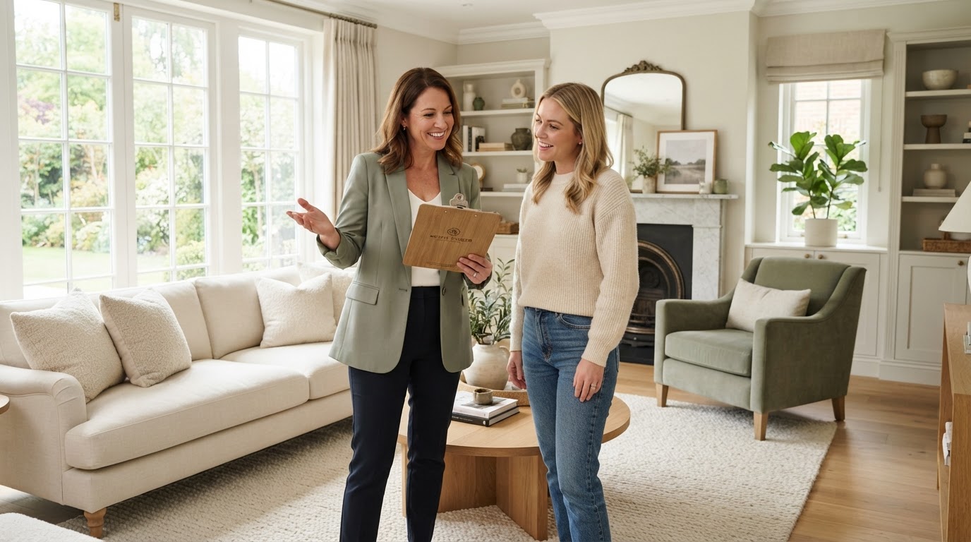A home stager with a clipboard consulting with a homeowner in a bright living room
