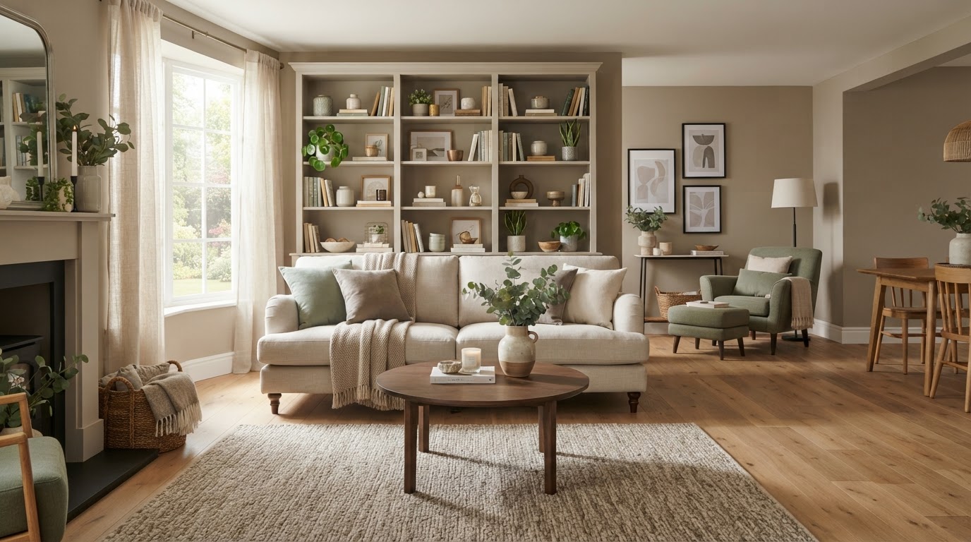 An occupied living room restyled with repositioned furniture and edited accessories