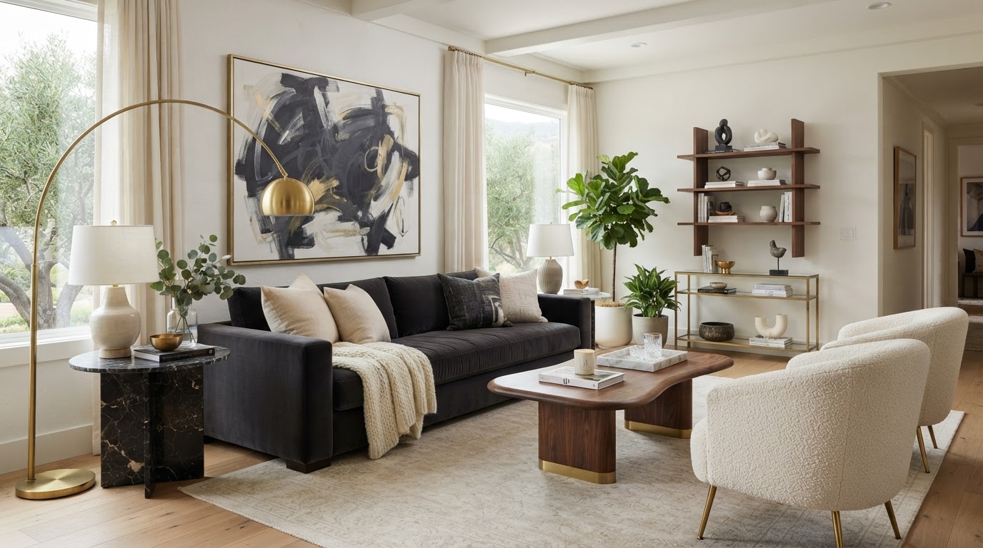 A luxury staged living room with premium furniture and brass accents