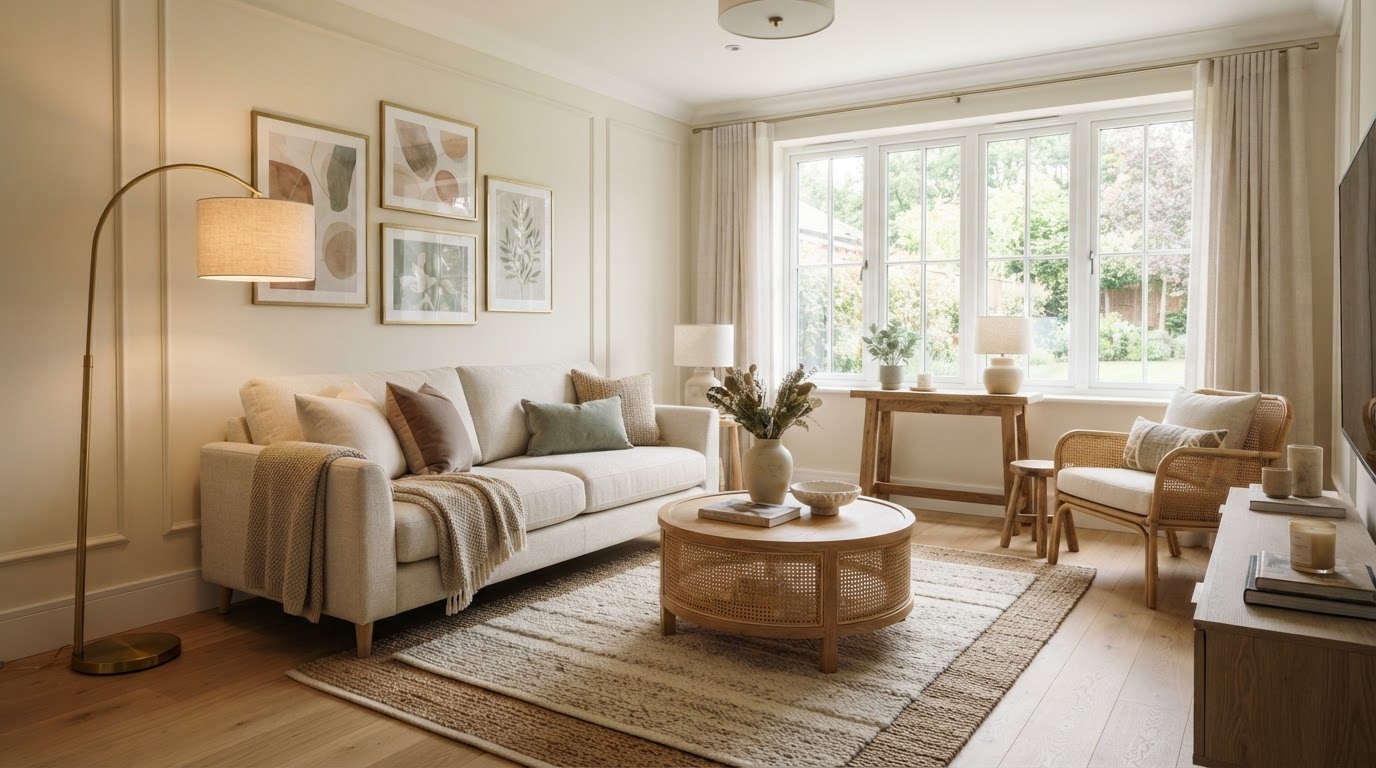 A formerly vacant living room furnished and styled for staging