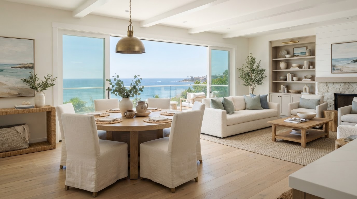 An elegant coastal staged living and dining space in a Del Mar home