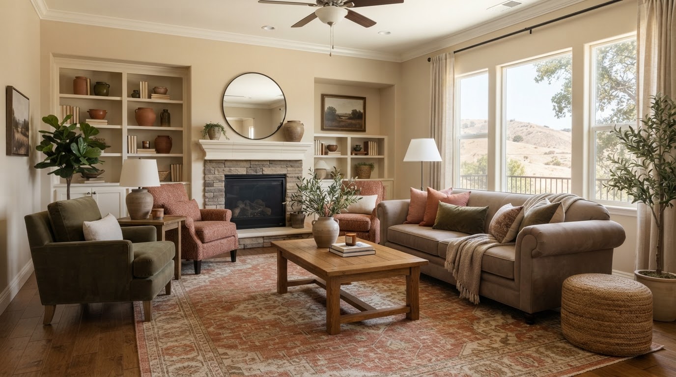 A warm staged living room in an El Cajon home