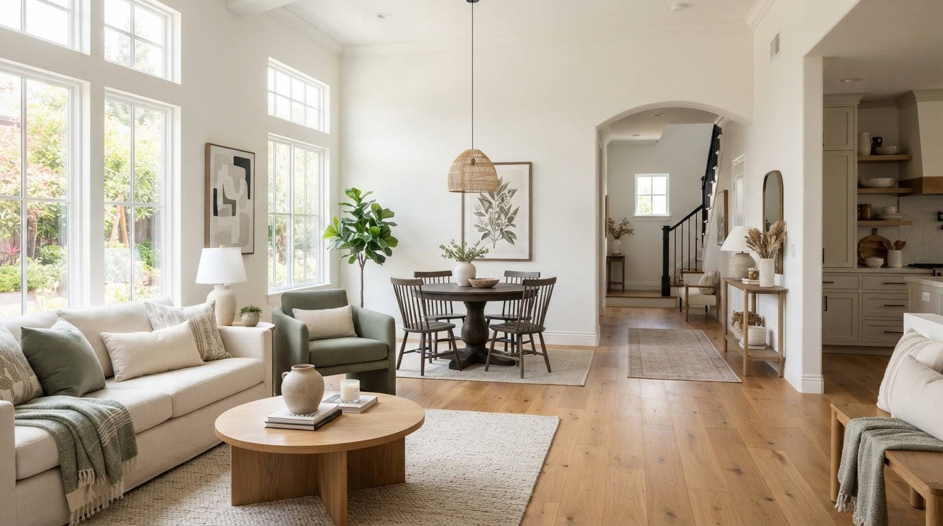 An overview of styled interior vignettes in a bright neutral space