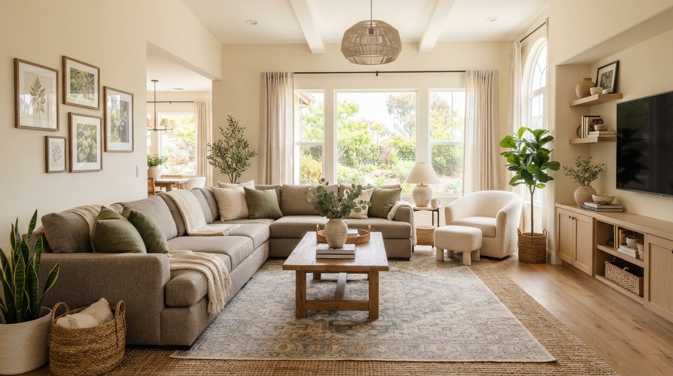 A warm staged family living room in a Chula Vista home