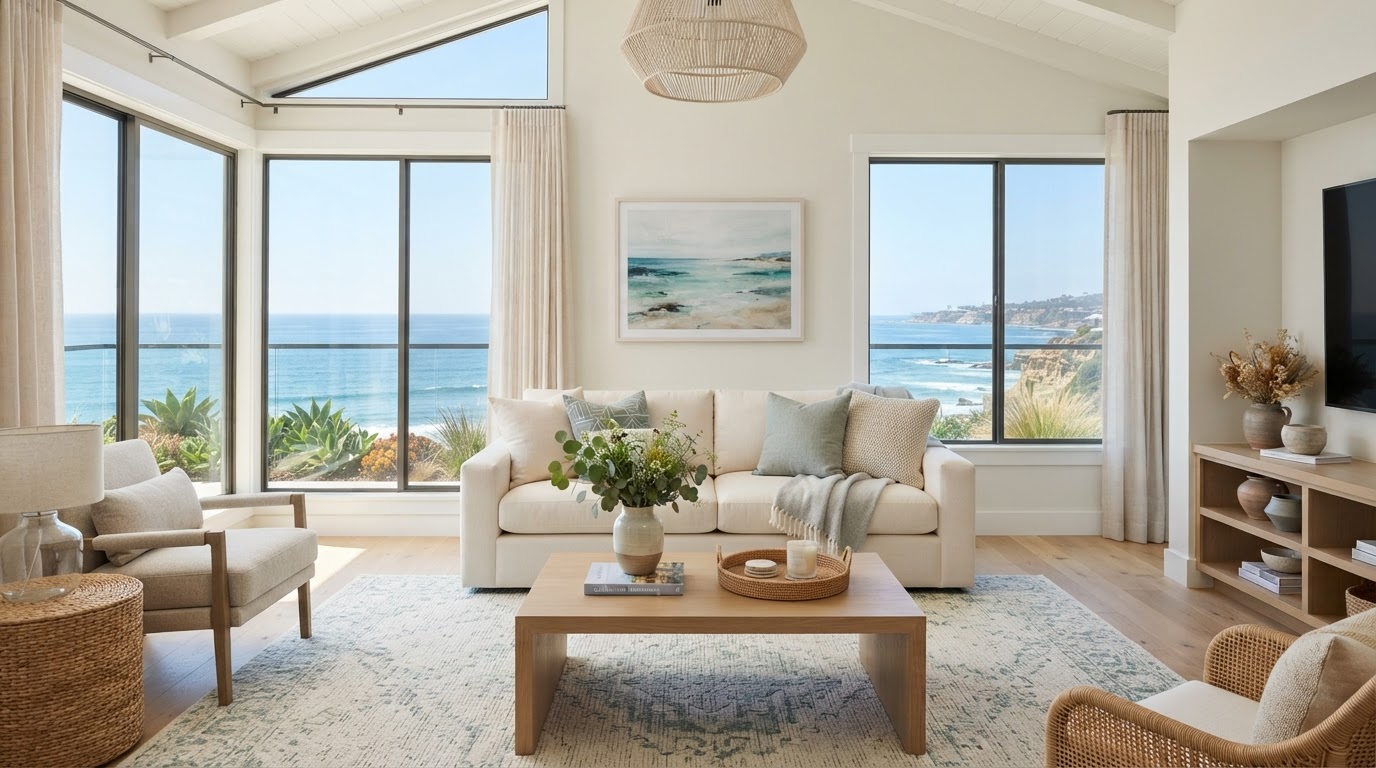 A bright staged living room in a Carlsbad coastal home