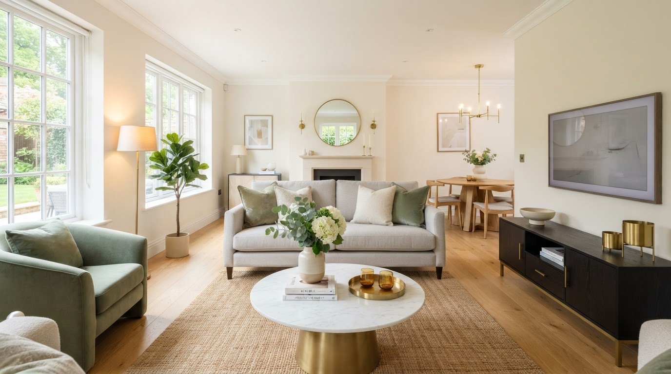 A tidy bright living room being prepared for real estate photography