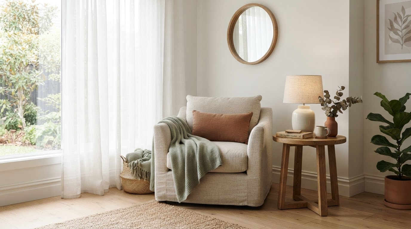 A calm bright staged living room corner with soft textiles and natural light