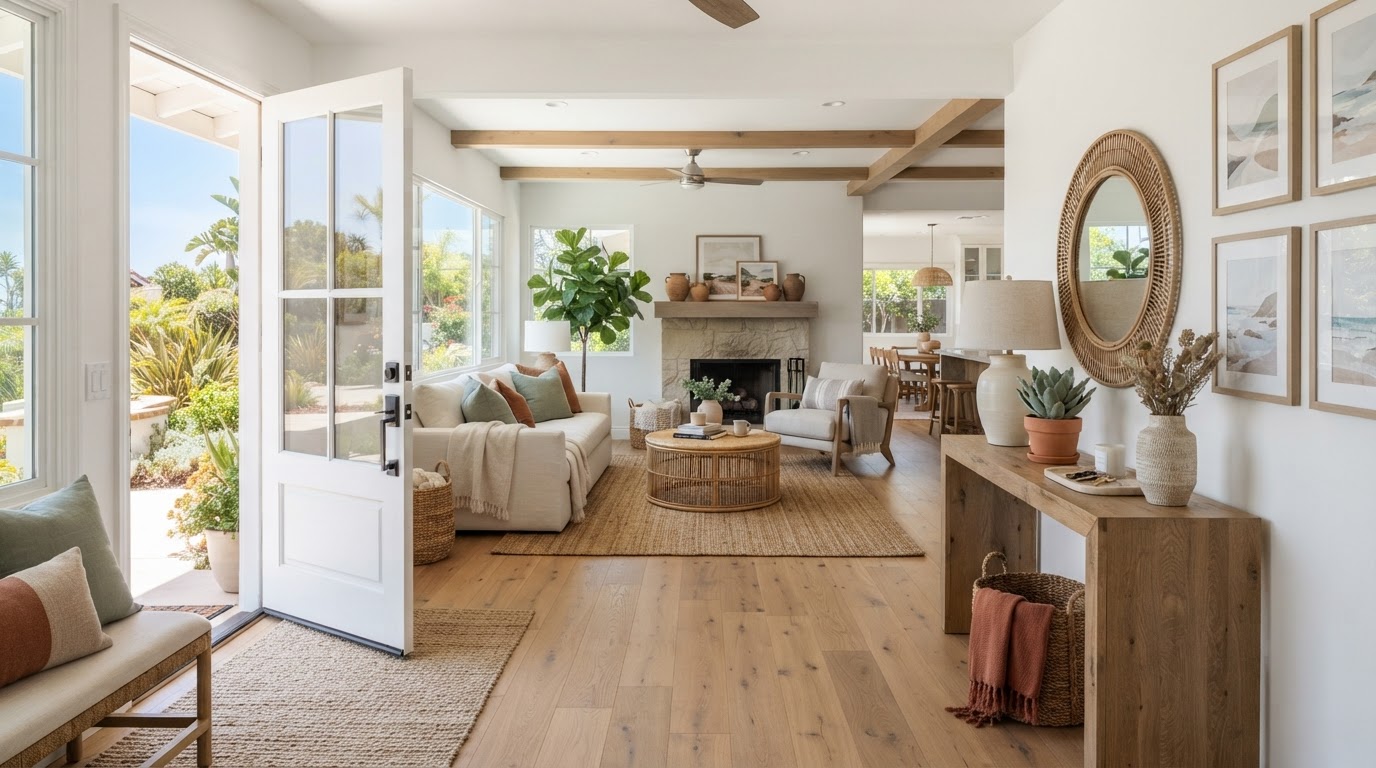 A welcoming bright entryway and living room of a staged San Diego home