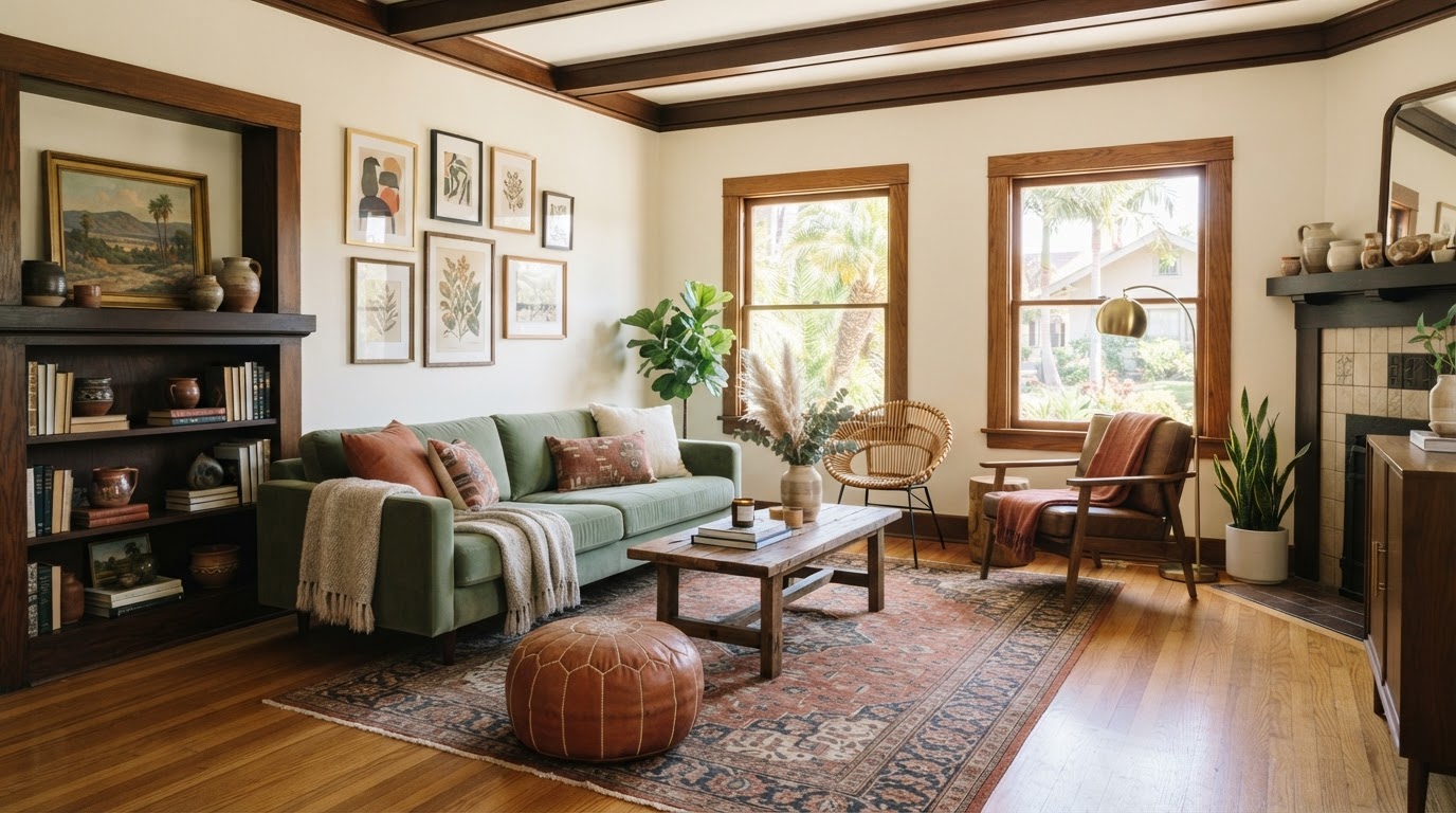 A stylish staged living room in a North Park craftsman bungalow