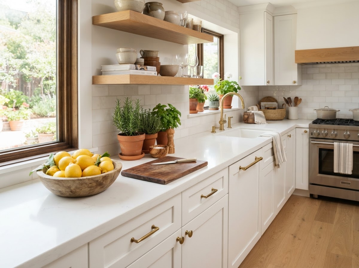 Bright staged kitchen with styled countertops