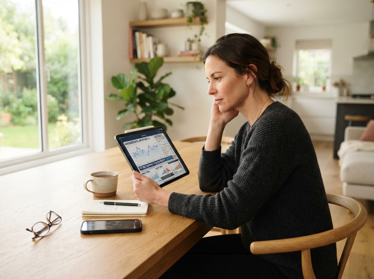 Photorealistic candid photography of a person checking financial news and mortgage rate charts on a tablet while sitting at a dining table, calm bright modern home setting, natural window light, thoughtful focused expression, premium editorial lifestyle photography, no text overlays, no logos, no watermarks.