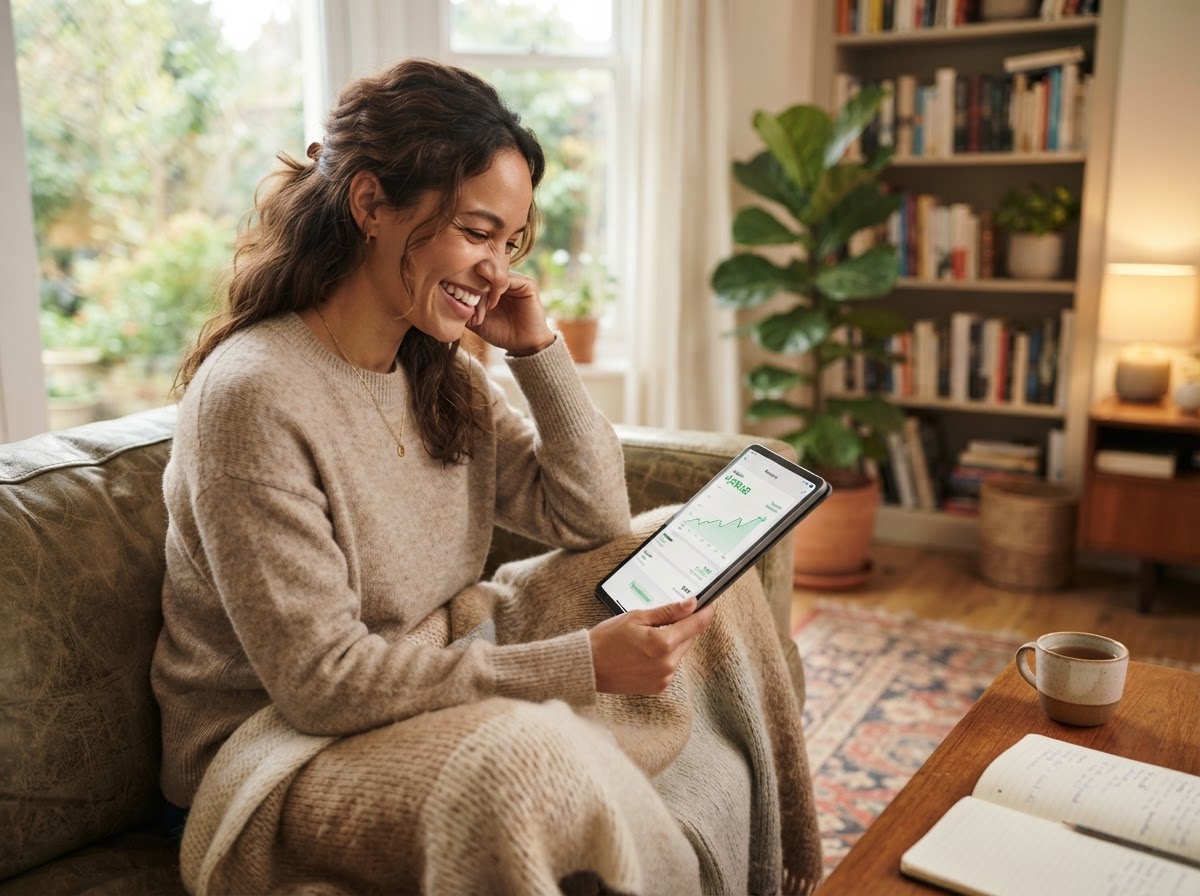 Photorealistic image of a person looking relieved while reviewing financial information on a tablet, cozy home setting, soft natural light, candid relaxed expression, warm tones, premium editorial lifestyle photography, no text overlays, no logos, no watermarks.