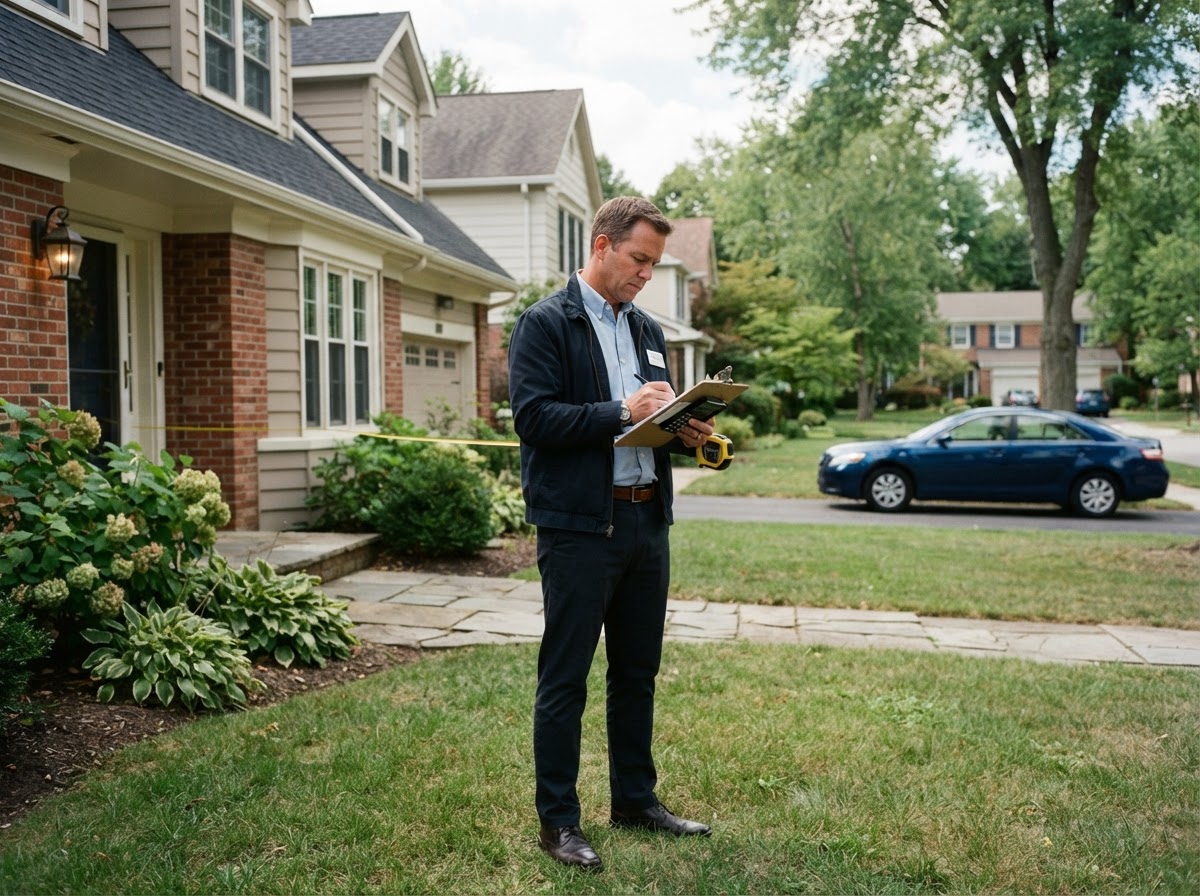 Photorealistic image of a home appraiser taking notes on a clipboard outside a residential property, measuring exterior features, neutral daylight, realistic suburban setting, candid professional moment, no text overlays, no logos, no watermarks.