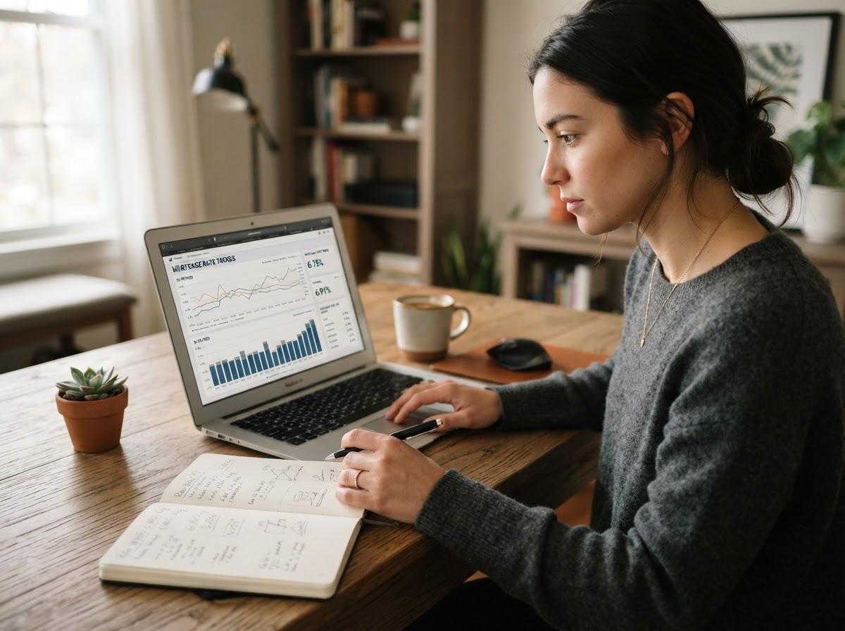 Photorealistic close-up of a person analyzing mortgage rate charts on a laptop at a home office desk with a notebook and pen nearby, soft natural indoor lighting, shallow depth of field, realistic modern home office environment, premium editorial lifestyle photography, warm tones, no text overlays, no logos, no watermarks.